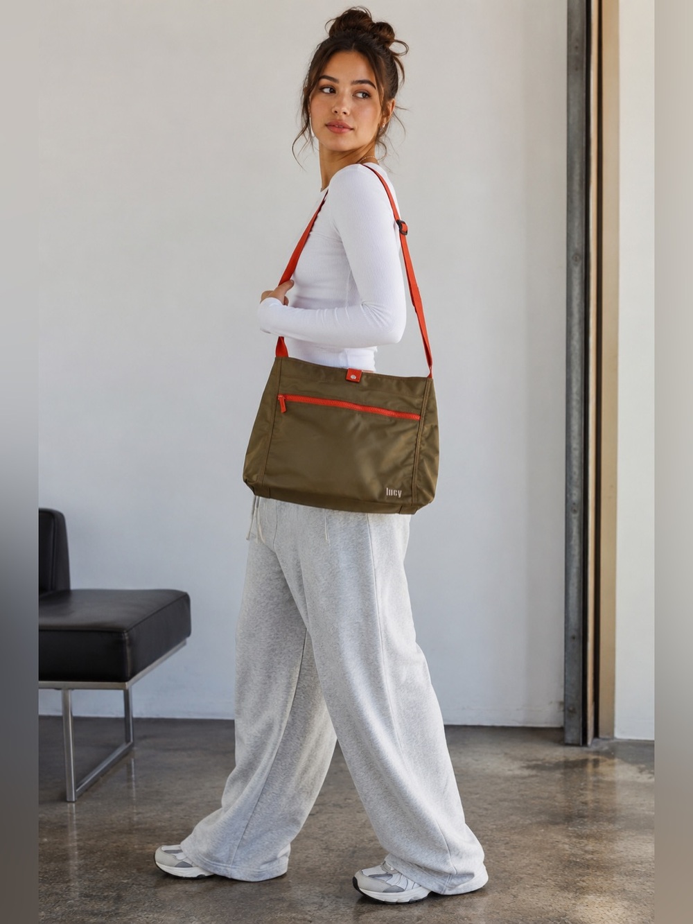 Lucy Olive Green Nylon Crossbody Tote Utility Travel Bag